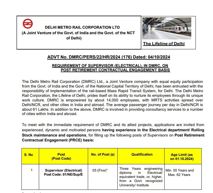 Delhi Metro Recruitment 2024