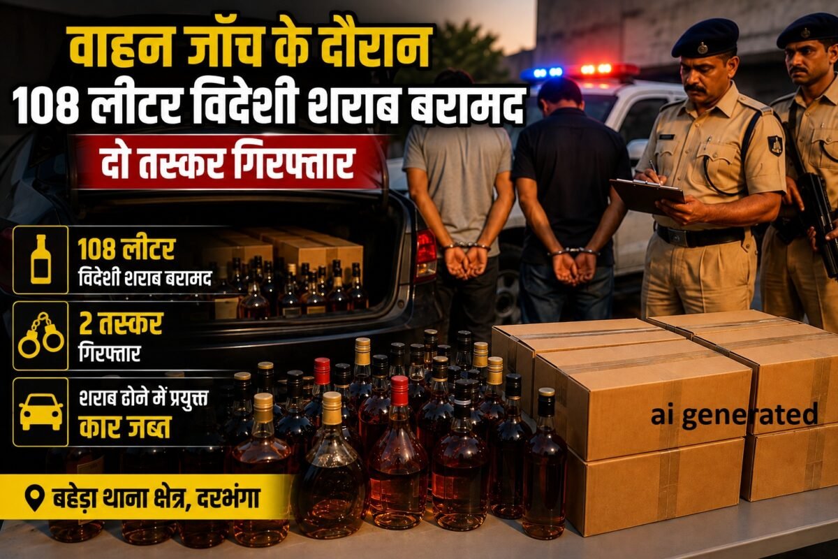 Major crackdown on liquor smugglers in Darbhanga: 108 litres of foreign liquor seized from a car, two arrested.