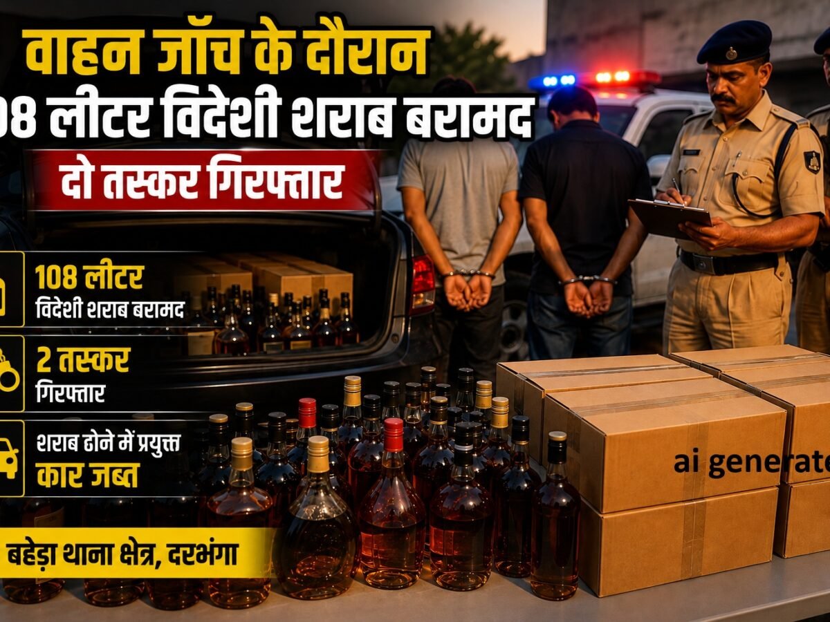 Major crackdown on liquor smugglers in Darbhanga: 108 litres of foreign liquor seized from a car, two arrested.